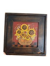 Folk Art Sunny Sunflowers Framed Picture Lisa Hilliker Signed Farmhouse Decor picture