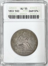 1853 SEATED LIBERTY HALF DOLLAR ARROWS & RAYS ANACS AU55 SOAPBOX TONER picture