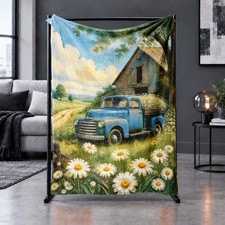 Blue Pickup Truck Barn Daisy Coral Fleece Blanket picture