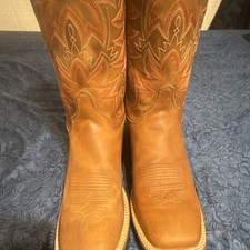 Tan Brown Leather Western Cowboy Boots Square Toe Embroidered Decorative Stitch picture