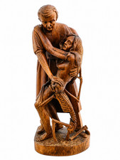 Antique Carved Wood Memento Mori Death & Lovers Skeleton Sculpture 16