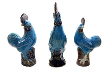Antique Chinese Turquoise Aubergine Porcelain Glazed Set of 3 Rooster Figurines picture