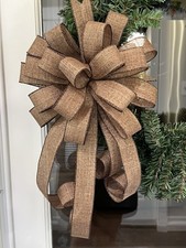 Handmade Dark Brown Rustic Burlap Holiday Bow 10 x 20 in. Wreath Swag Bow picture