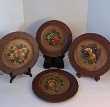 Vtg 8 PC Wood Fruit Plates Set; Signed/Dated 9