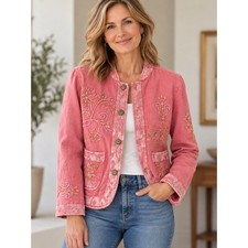 Flashback Vintage Pink Embroidered Beaded Floral Jacket Boho Art to Wear Medium picture
