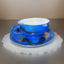 Vintage Japanese Blue Teacup &Saucer, Moriage Raised Enamel Gold Dragon picture