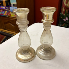 Antique 19thC Mercury Glass Candlestick Holders Pair Silvered Baluster Blown picture