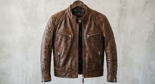 Men's Genuine Leather Cafe Racer Jacket Vintage Brown Biker Slim Fit CowHide picture