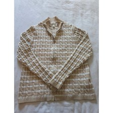 LL Bean Womens Beige White Striped Cable Knit Full Zip Cotton Sweater Large picture