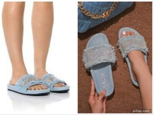 WOMENS CAPE ROBBIN VISE LIGHT BLUE DENIM FRINGE RHINESTONE SANDALS SLIDES 10 NEW picture