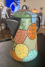 Vintage Hand Painted Enamelware Coffee Pot Folk Art Patchwork Dot Pattern Cowboy picture