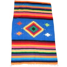 Vintage Mexican Saltillo Serape Blanket Blue Multi Color Diamond Stripe Throw picture