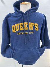 Vintage Queen's University Hoodie Blue Pullover Sweatshirt Embroidered Logo Sz L picture