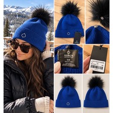 Aspen Collection Ruth Wool Faux Fur Pom Beanie Arctic Blue NWT OS picture