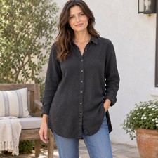 J.Jill Love Linen Tunic Women Button Down Long Sleeve Charcoal Black Medium picture