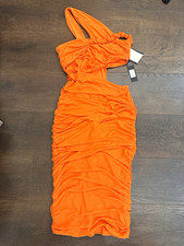 Flamingals Orange One Shoulder Ruched Stretch Bodycon Midi Dress Size S picture