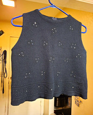 Vtg 1960s Huddlespun Black Wool Novelty Playing Card Cocktail Sweater Shell Crop picture