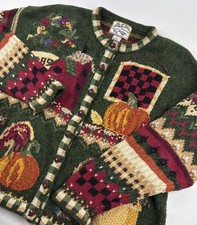 Vintage HEIRLOOM COLLECTIBLE Knit Cardigan Sweater Fall Pumpkin Rooster Apples L picture