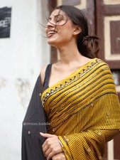 Pure Gajji Silk Ajrakh Bandhej Saree Mirror Work Traditional Indian Sari Blouse picture