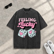 Feeling Lucky Dice Graphic Tee Y2K Oversized Washed Vintage Streetwear T-Shirt picture