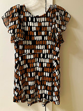 Alfani Women’s Black/White/Brown Geometric Knit Round Neck Ruffle Sleeve S picture