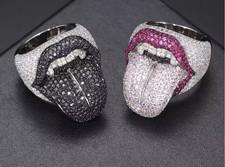 Lab Created Diamond Lick of Death Ring 925S Silver Iced Out Hip Hop Lip Ring picture