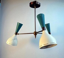 Vintage 1950s Brass 3-Light Chandelier Flush Mount Mid-Century Modern Ceiling picture