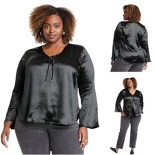 Ava & Viv Womens Plus 1X Flared Long Sleeve Satin Blouse Top Front Tie Black picture