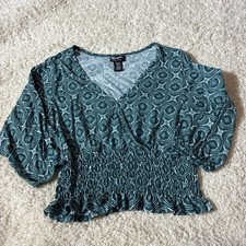 Wrangler Retro Gathered Waist Top Size M Green Aztec Print 3/4 sleeves crossover picture
