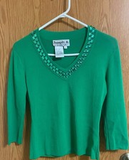 Joseph A. V-Neck Embellished Rhinestone Sweater Size M Green picture