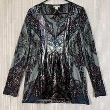World Wear Energe Top Teal Burgundy Velvet Trim Womens Sz Large Long Sleeve picture