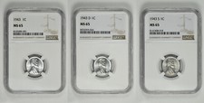 1943 P D S 1c Lincoln Steel Wheat Cent NGC Graded MS 65 Three Coin Lot picture