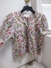 THE GREAT. Multicolor Floral Woven Cotton Puff Sleeve Button Blouse 1 picture