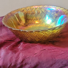 Amber Iridescent Carnival Glass Basketweave Round Bowl 8 in Diameter picture