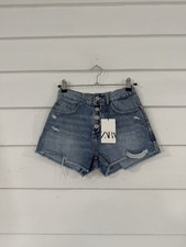 Zara Girls Fly Button Short Blue Denim Frayed Hem Snap Front Distressed 8 years picture