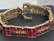 Vintage Signed WEISS Red Rhinestone Panel Bracelet Gold Tone 1950s Glam 8