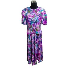 Adrian Pape Vintage 100% Silk Floral 2 Piece Set Top Skirt Purple Teal Size 16 picture