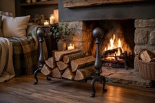 Vintage Cast Iron Fireplace Andirons Pair — Hammered Ball Top Log Holders, 17.5