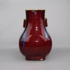Fine Collectable Art Handmade Painting Red Glaze Porcelain Two Ear Vase picture