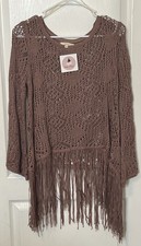 Easel Women’s Boho Brown Knit Fringe Pullover Sweater, Size S/M, NWT picture