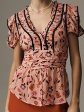 NWT Maeve Anthropologie V-Neck Puff Sleeve Printed Blouse Pink Medium picture