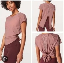 Lululemon Mix and Mesh Tee Open Back Tie Top Mauve Pink Yoga Athleisure Size 6 picture