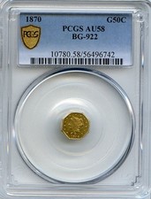 1870 G50C California Fractional Gold BG-922 / AU58 PCGS / Gold Rush picture