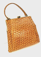 Vintage 1960s Pretty Embossed Leather Handbag Brown Reptile Frame Purse USA picture