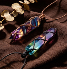 Natural Rainbow Fluorite Double Terminated Pendant Necklace Adjustable Cord picture