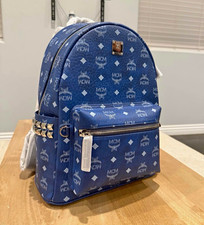MCM Stark Visetos Monogram Pebbled Leather Backpack Blue Studded Sides Silver picture