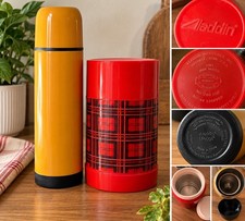 Vintage Aladdin Thermos Lot of 2 Red Plaid Food Jar & Yellow Megga Flask picture