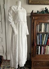 Antique Edwardian 1910s White Cotton Lace Dress Embroidered Tea Victorian VTG XS picture
