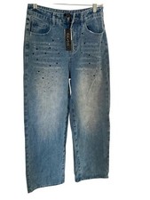Gracia Fashion Corp Jean Blue Denim Wide Leg Rhinestones Small NWT picture