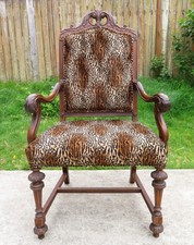 ANTIQUE Jacobean SPANISH REVIVAL SIDE THRONE ARM CHAIR Tiger LEOPARD Upholstery picture